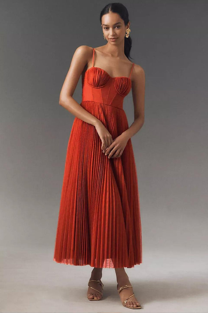 Women's formal one shoulder midi dress featuring elegant pleated tulle fabric. Great for evening or special events.