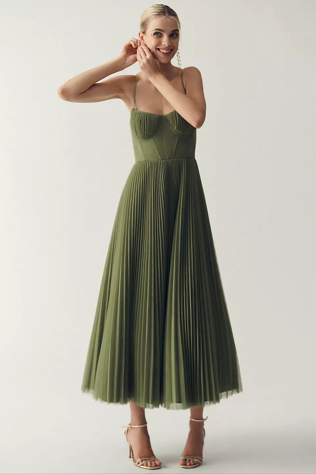 Stunning women's one shoulder midi wedding guest dress. Elegant pleated tulle formal evening and cocktail wear.