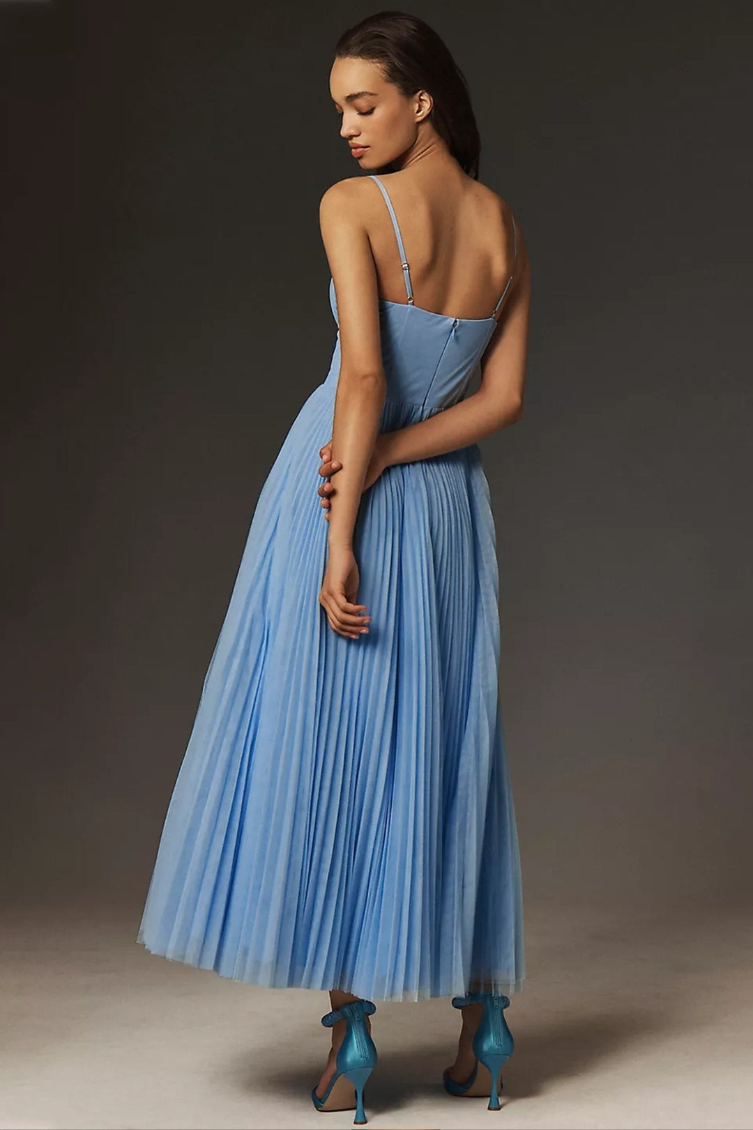 Fashionable women's one shoulder midi dress with delicate pleated tulle. An elegant choice for any special occasion.
