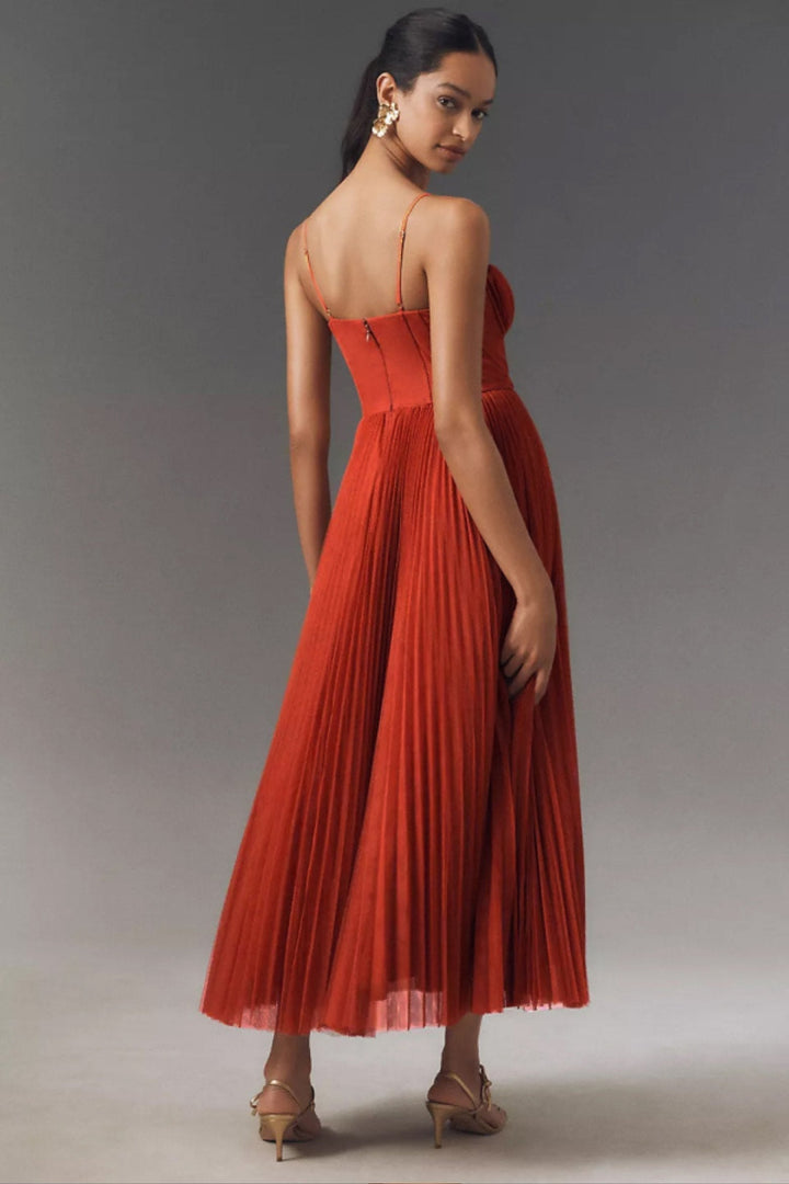 Stylish women's one shoulder pleated tulle midi dress; versatile formal wear for wedding guests, parties & evenings.