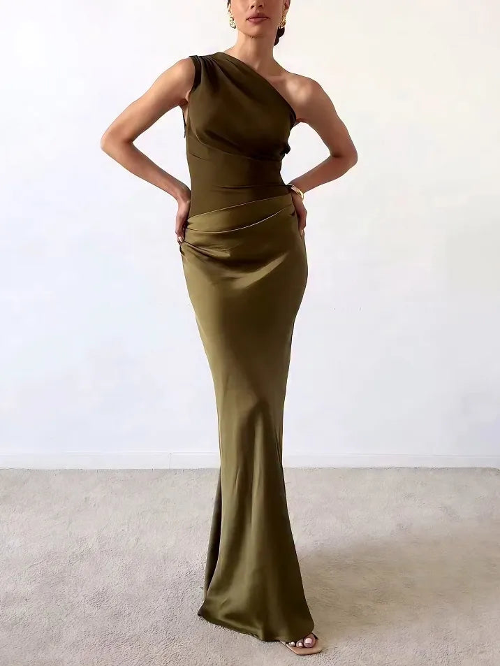 Brown one-shoulder pleated maxi formal dress for women, ideal as an evening gown or wedding guest attire.