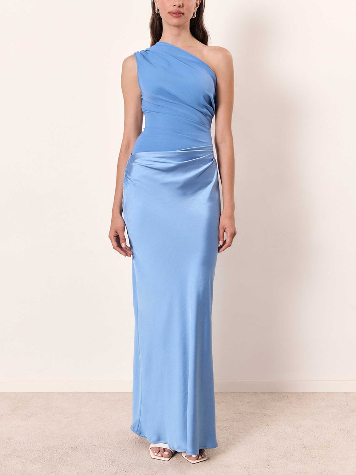 Stylish women's one-shoulder pleated maxi formal dress in dark green, perfect for an elegant evening or party.