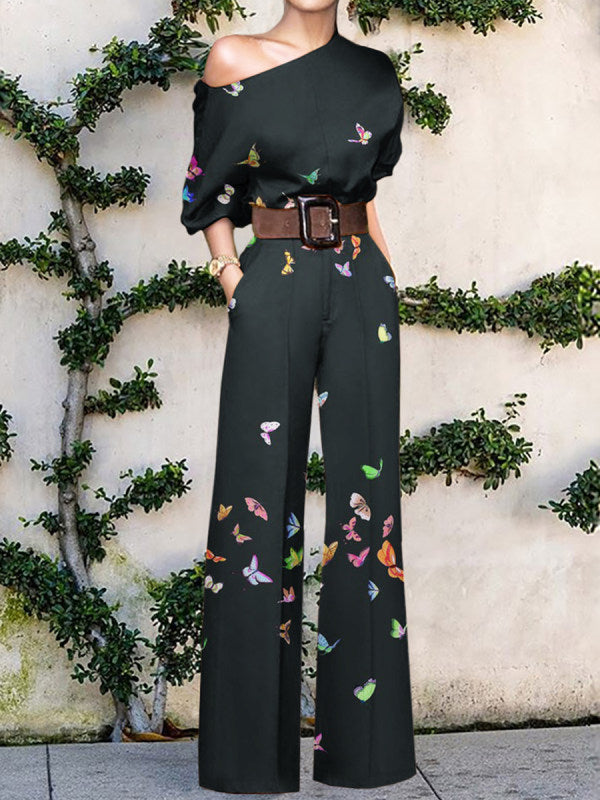 Chic women's one-shoulder printed wide-leg jumpsuit, ideal for a stylish vacation outfit or evening party.