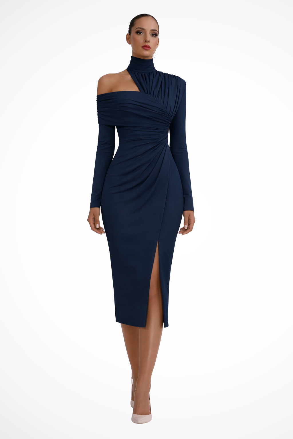 Women's formal midi dress: one-shoulder, ruched detailing, and a graceful side slit.