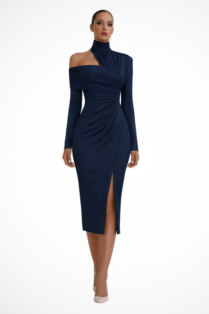 Women's formal midi dress: one-shoulder, ruched detailing, and a graceful side slit.