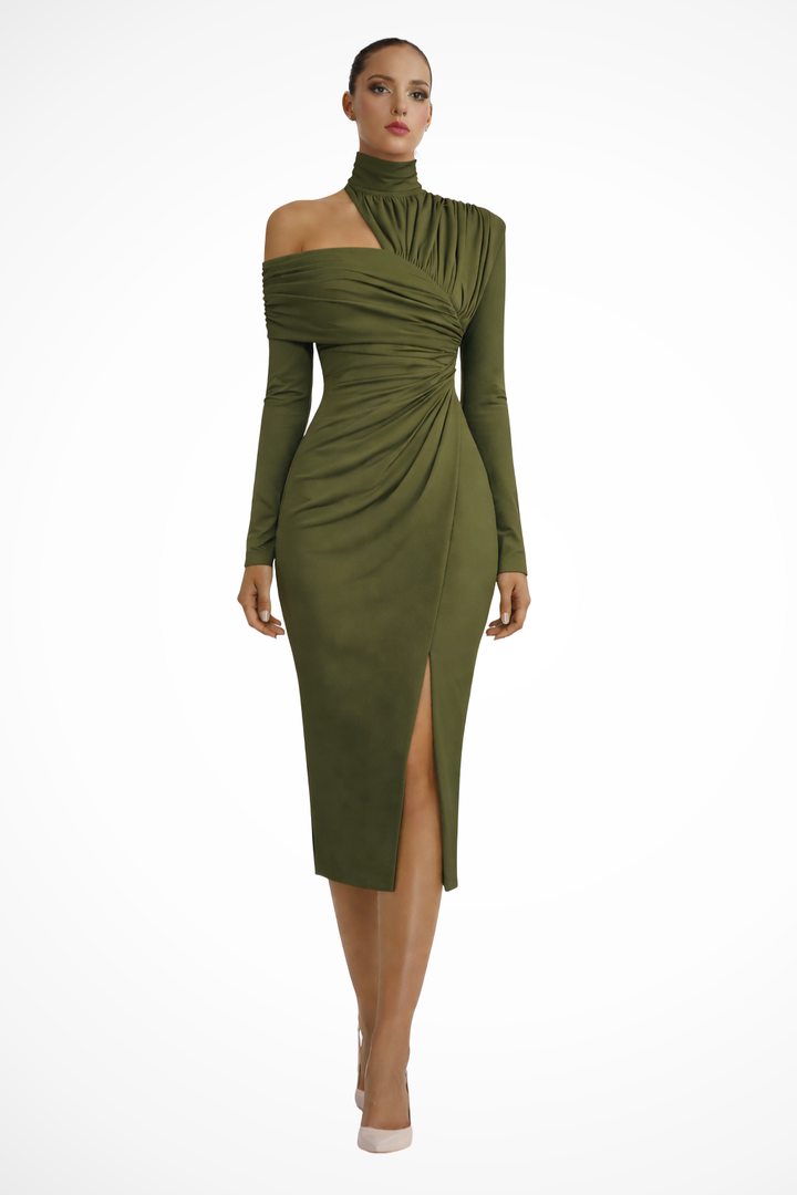 Versatile women's one-shoulder midi dress with flattering ruching and stylish side slit design.