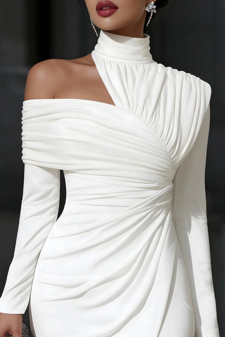 Formal one-shoulder ruched midi dress for women, designed for special occasions.