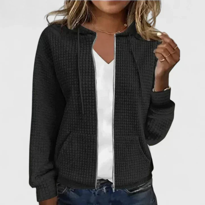 Chic women's open front cardigan, a versatile layering piece for elegant and casual everyday wear. Modern draped design.