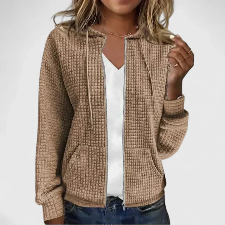 Chic women's elegant open front cardigan, a stylish layering outerwear piece for versatile everyday fashion. Modern look.