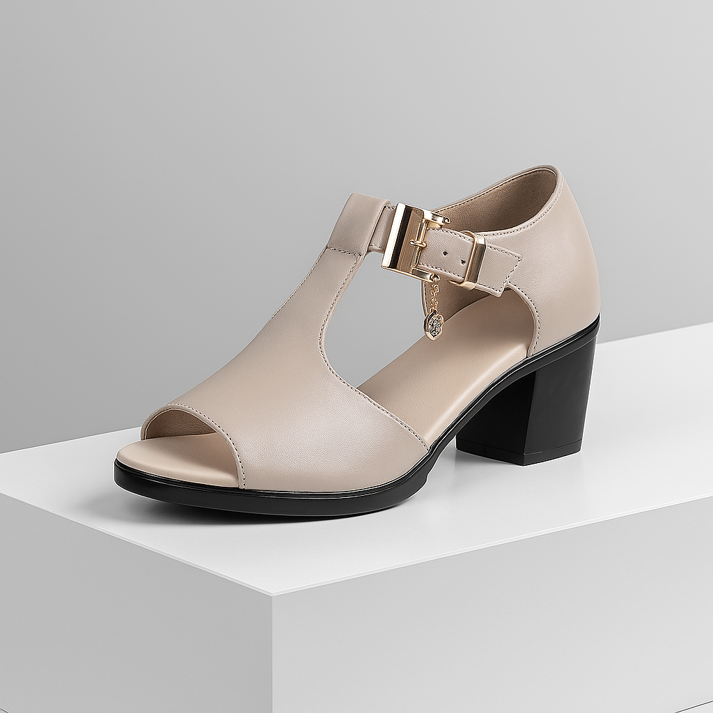 Elegant women's open-toe buckle block heels, perfect for dressy occasions.