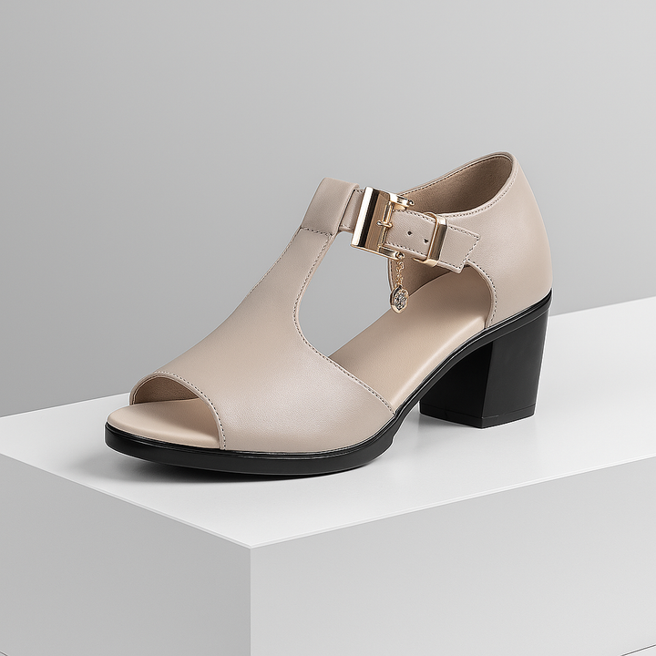 Elegant women's open-toe buckle block heels, perfect for dressy occasions.