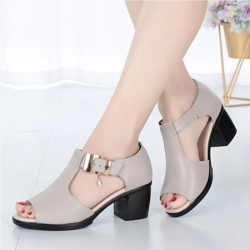 Comfortable & elegant women's open-toe block heels with a stylish buckle.