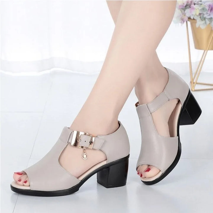 Comfortable & elegant women's open-toe block heels with a stylish buckle.