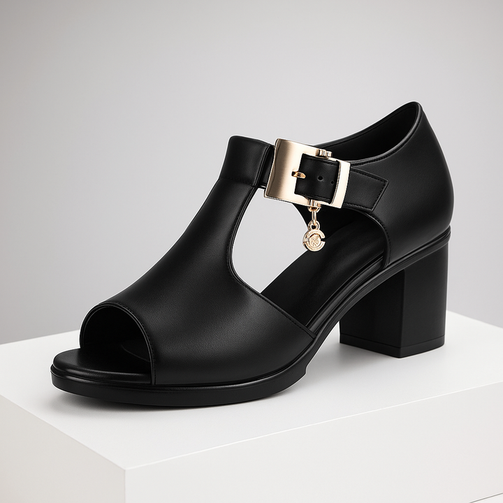 Comfortable women's block heels with elegant buckle, ideal for day-to-night wear.