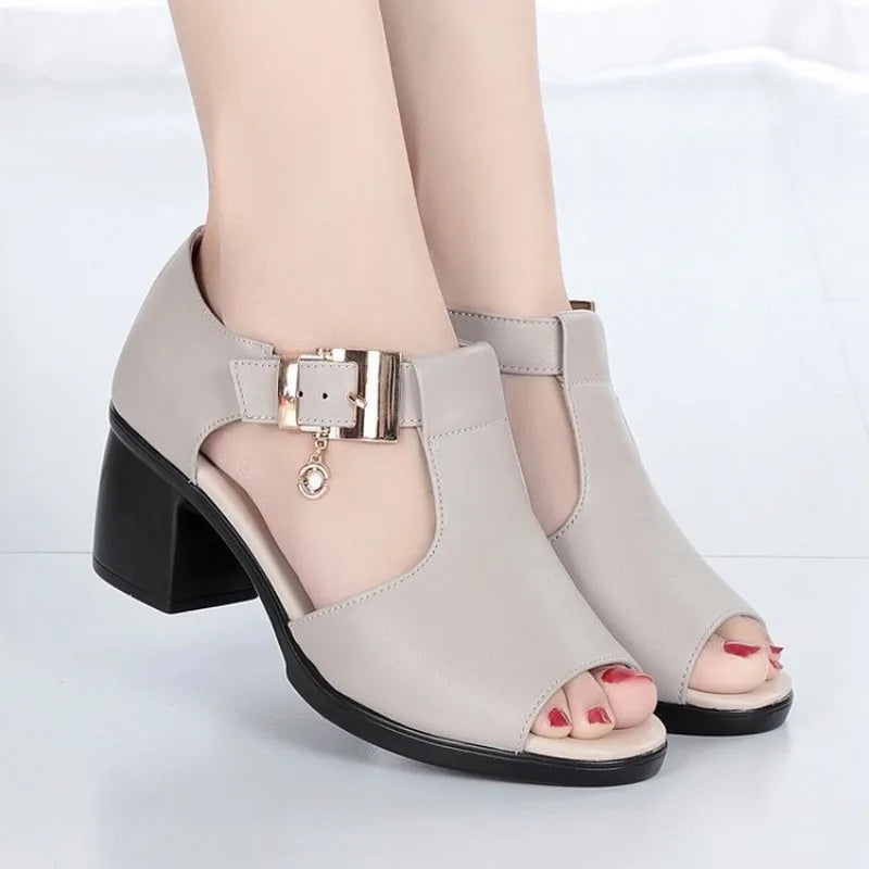 Women's elegant block heels featuring a prominent, stylish buckle and open toe.