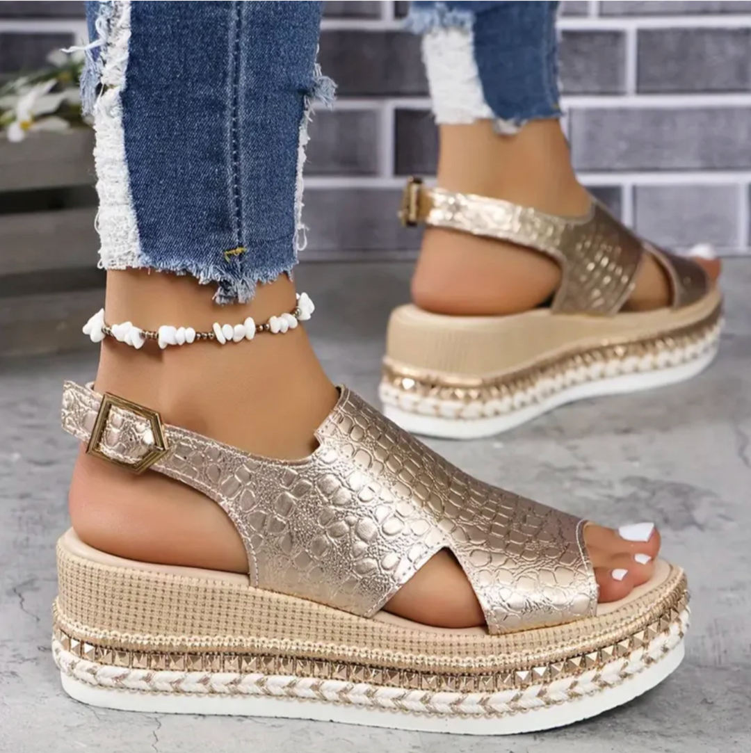Gold women's orthopedic heeled sandals featuring arch support and adjustable straps for everyday comfort.
