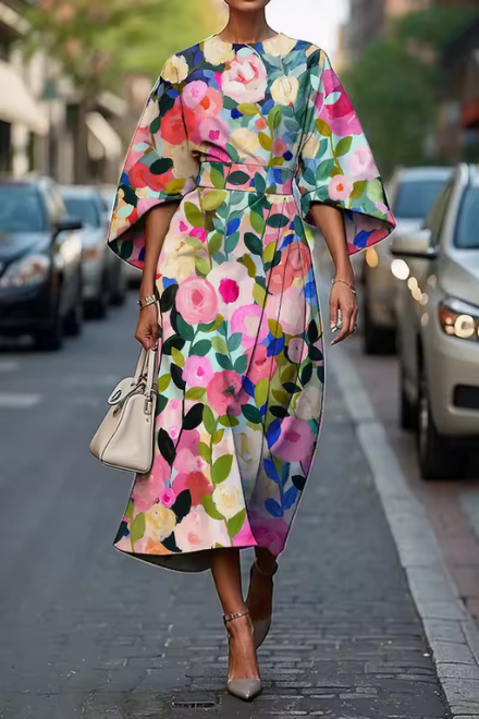 Women's elegant midi dress featuring a painterly floral print & fashionable puff sleeves. Ideal for parties.