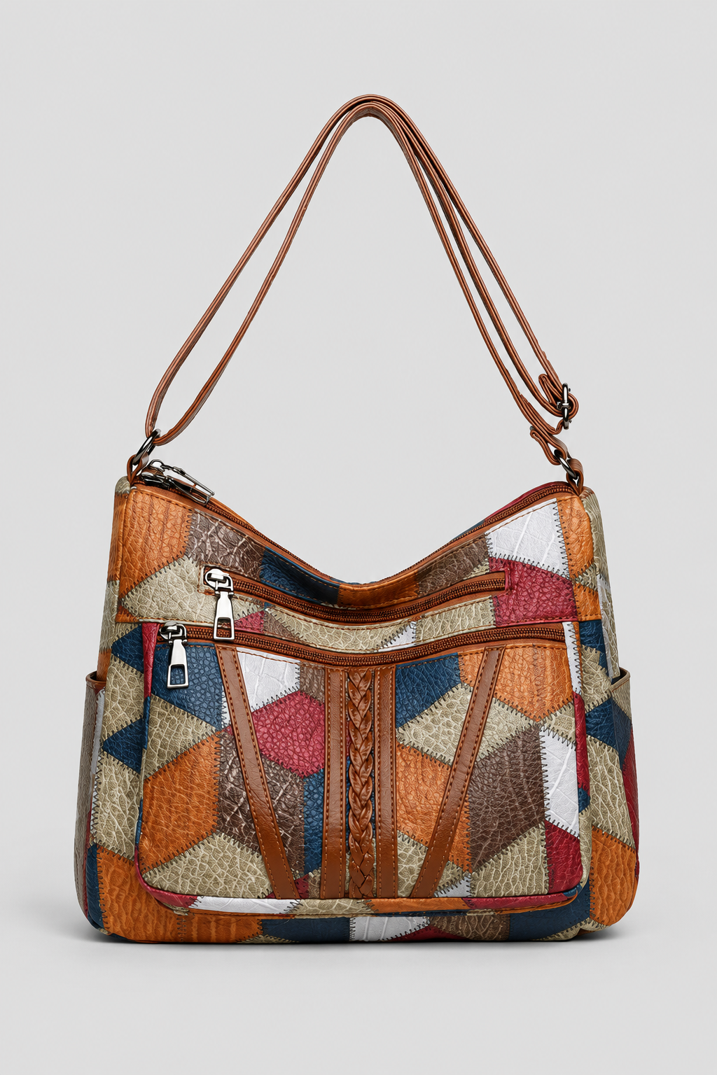 Elegant women's patchwork shoulder bag with artistic design, perfect for fashion-forward everyday carry. Unique stylish purse.