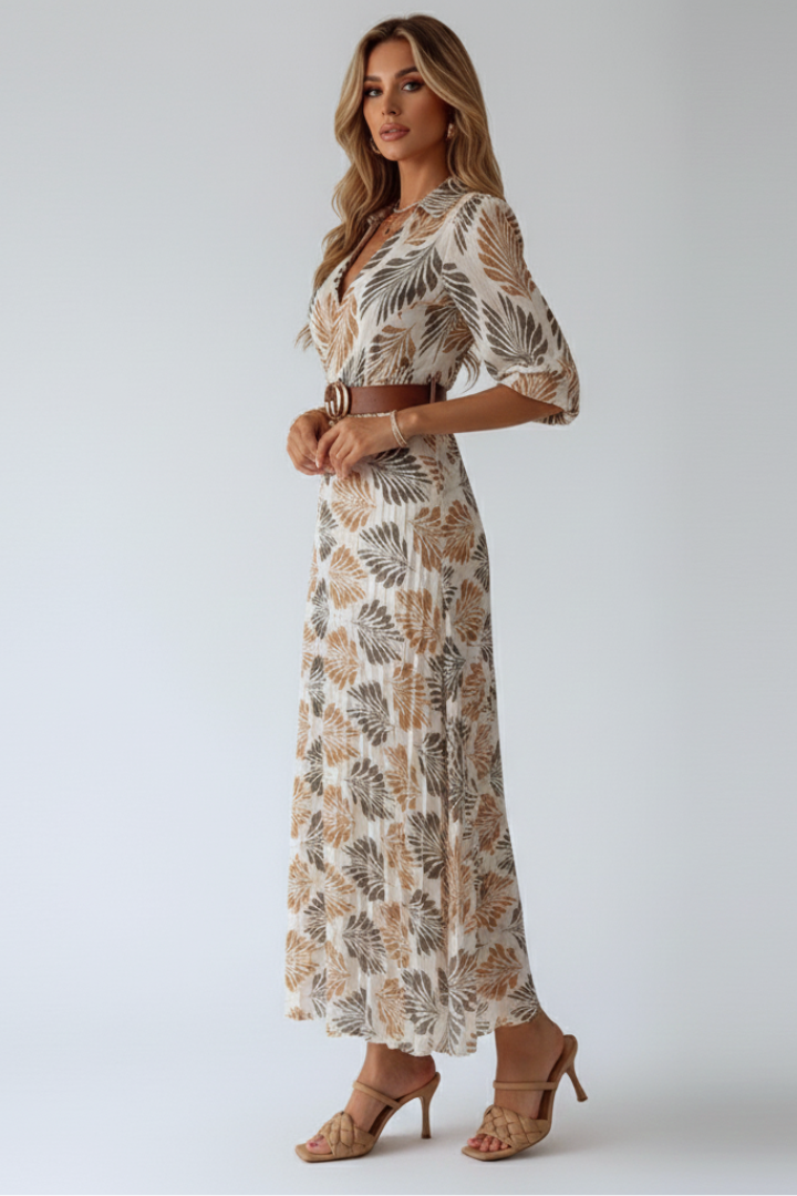 Stylish women's patterned maxi dress with elbow sleeves, an elegant long dress for casual & versatile wear.