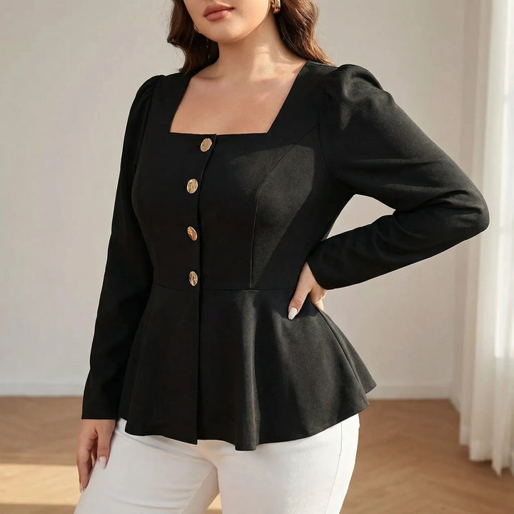 Elegant women's peplum top with square neckline, long sleeves, and decorative gold buttons. Chic structured blouse.