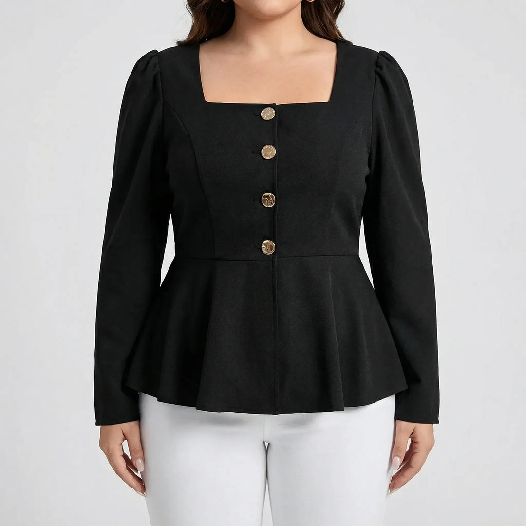 Chic women's peplum blouse featuring a sophisticated square neckline & shining gold buttons on long sleeves.