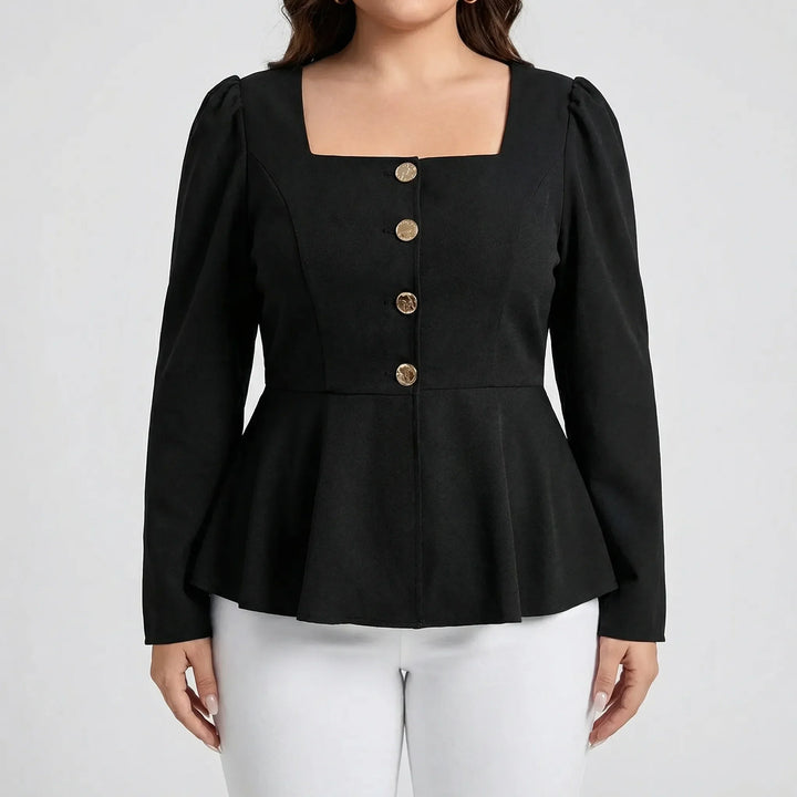 Chic women's peplum blouse featuring a sophisticated square neckline & shining gold buttons on long sleeves.