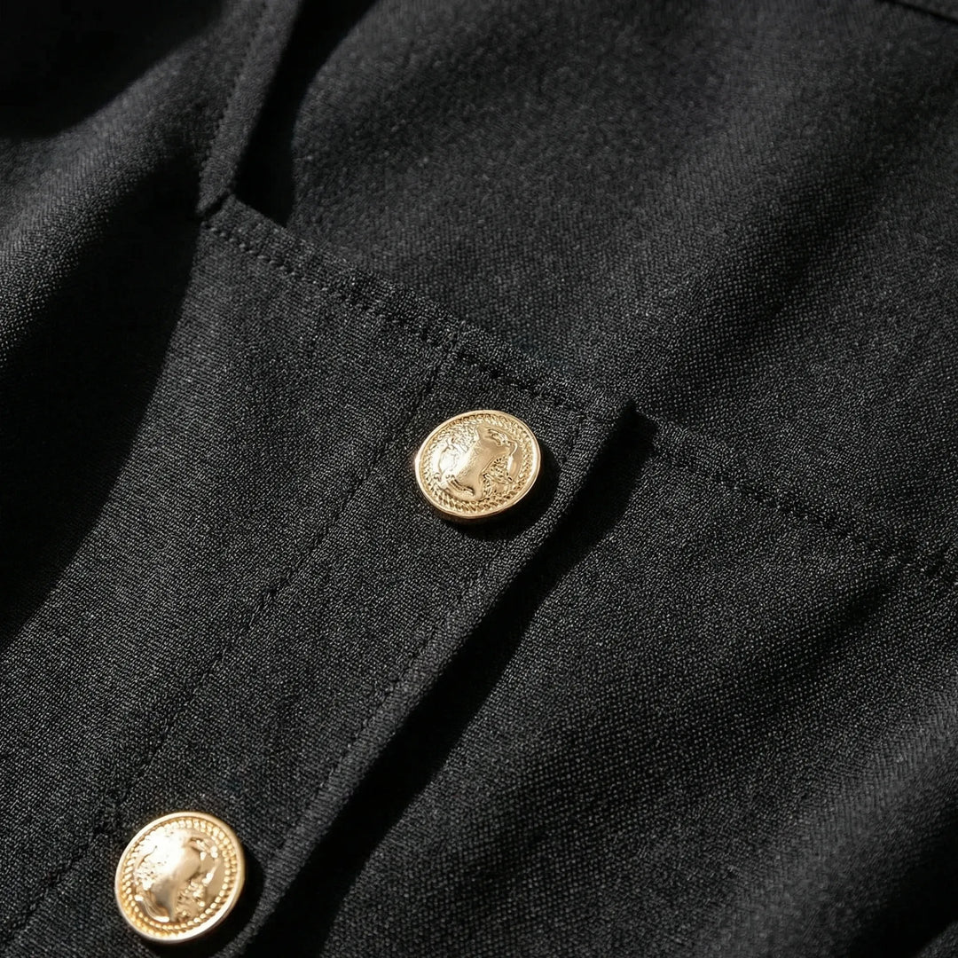 Structured peplum top for women, elegant design with a flattering square neckline and stylish gold button details.