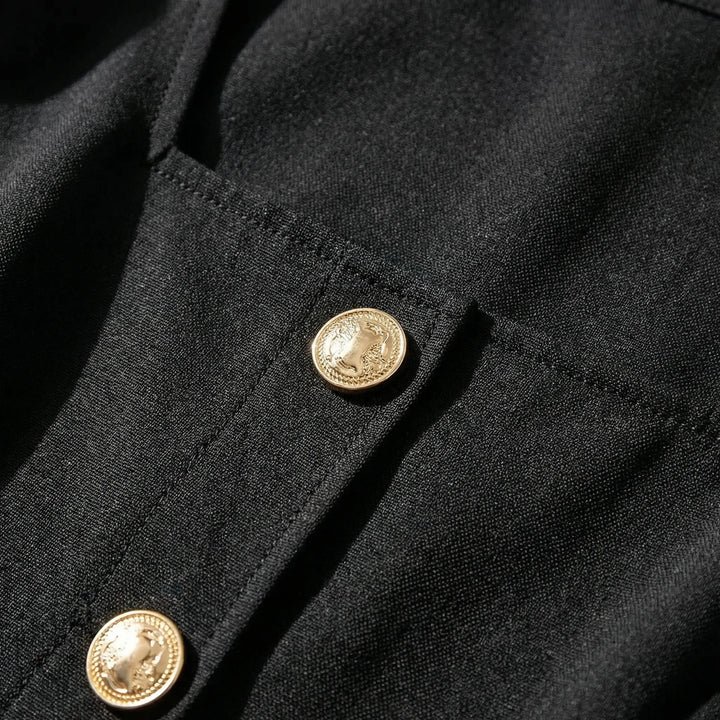 Structured peplum top for women, elegant design with a flattering square neckline and stylish gold button details.
