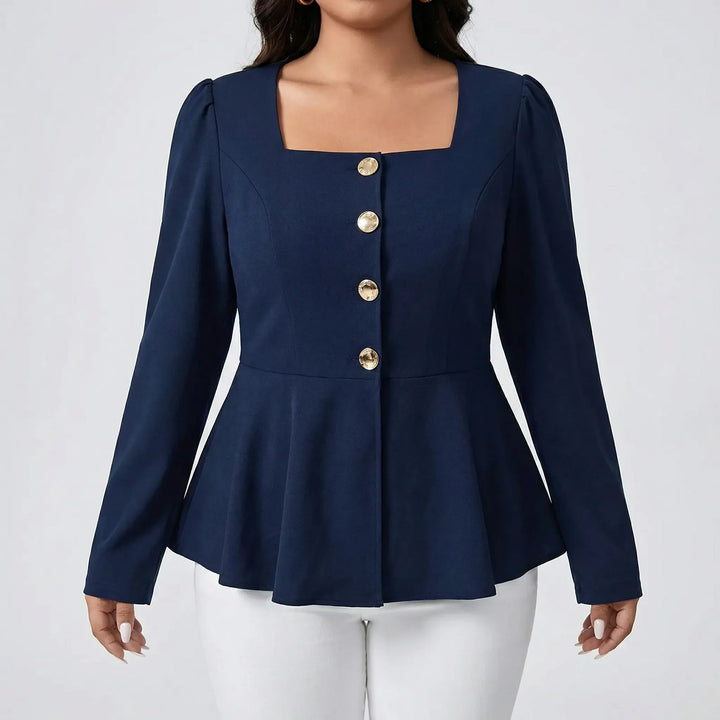 Women's elegant long-sleeve peplum top with a distinctive square neckline and decorative gold buttons.
