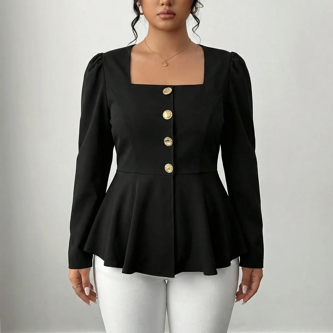 Fashionable women's peplum blouse with a crisp square neckline, long sleeves, and ornate gold button accents.
