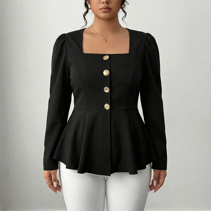 Fashionable women's peplum blouse with a crisp square neckline, long sleeves, and ornate gold button accents.