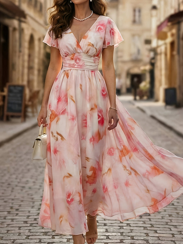 Elegant women's pink floral flutter sleeve V-neck flowy maxi dress, perfect for summer parties.