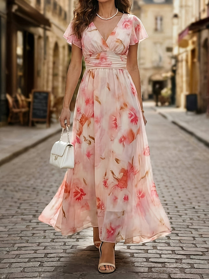 Stylish women's pink floral print maxi dress featuring elegant flutter sleeves and a flattering V-neck.