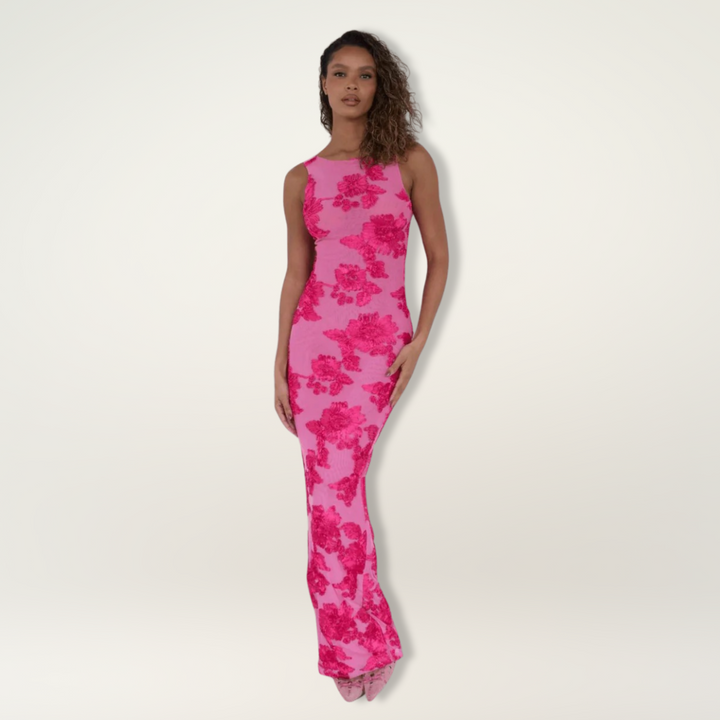 Elegant women's pink floral high-neck maxi dress, perfect for wedding guests & formal evening occasions. Fitted column style.