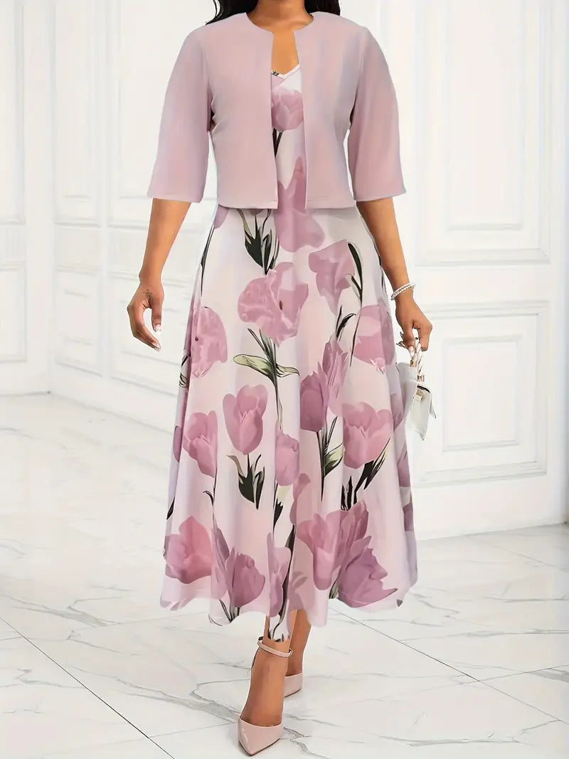 Elegant women's pink floral maxi dress and matching jacket set. Perfect for spring/summer occasion wear.