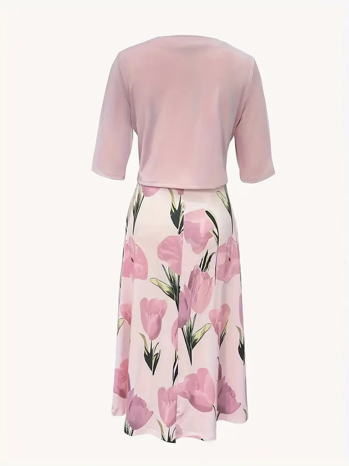 Stylish women's pink floral maxi dress set with a chic matching jacket. Versatile for spring fashion.