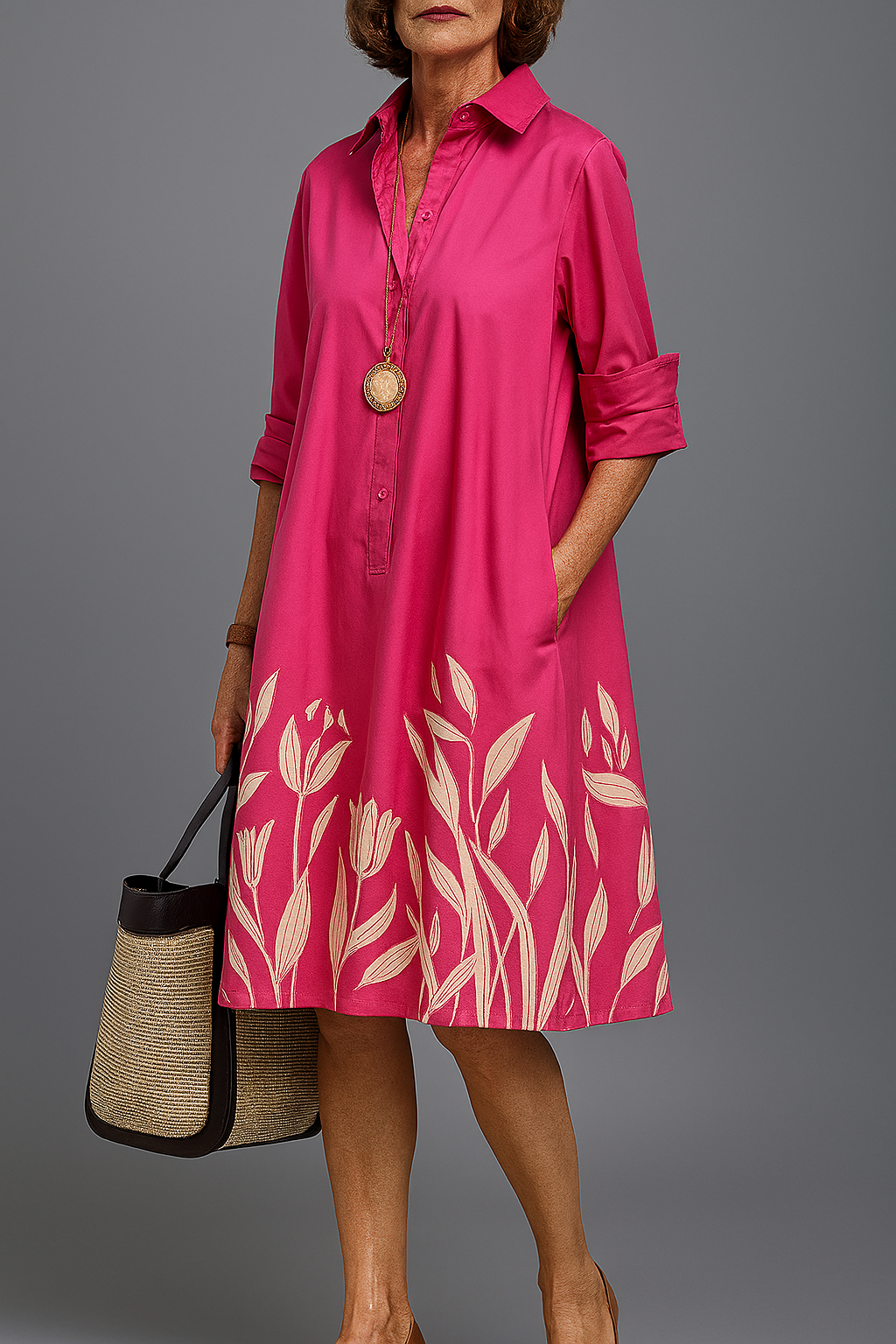 Elegant women's pink floral print midi shirt dress. Perfect A-line spring/summer style for brunches & daytime wear.