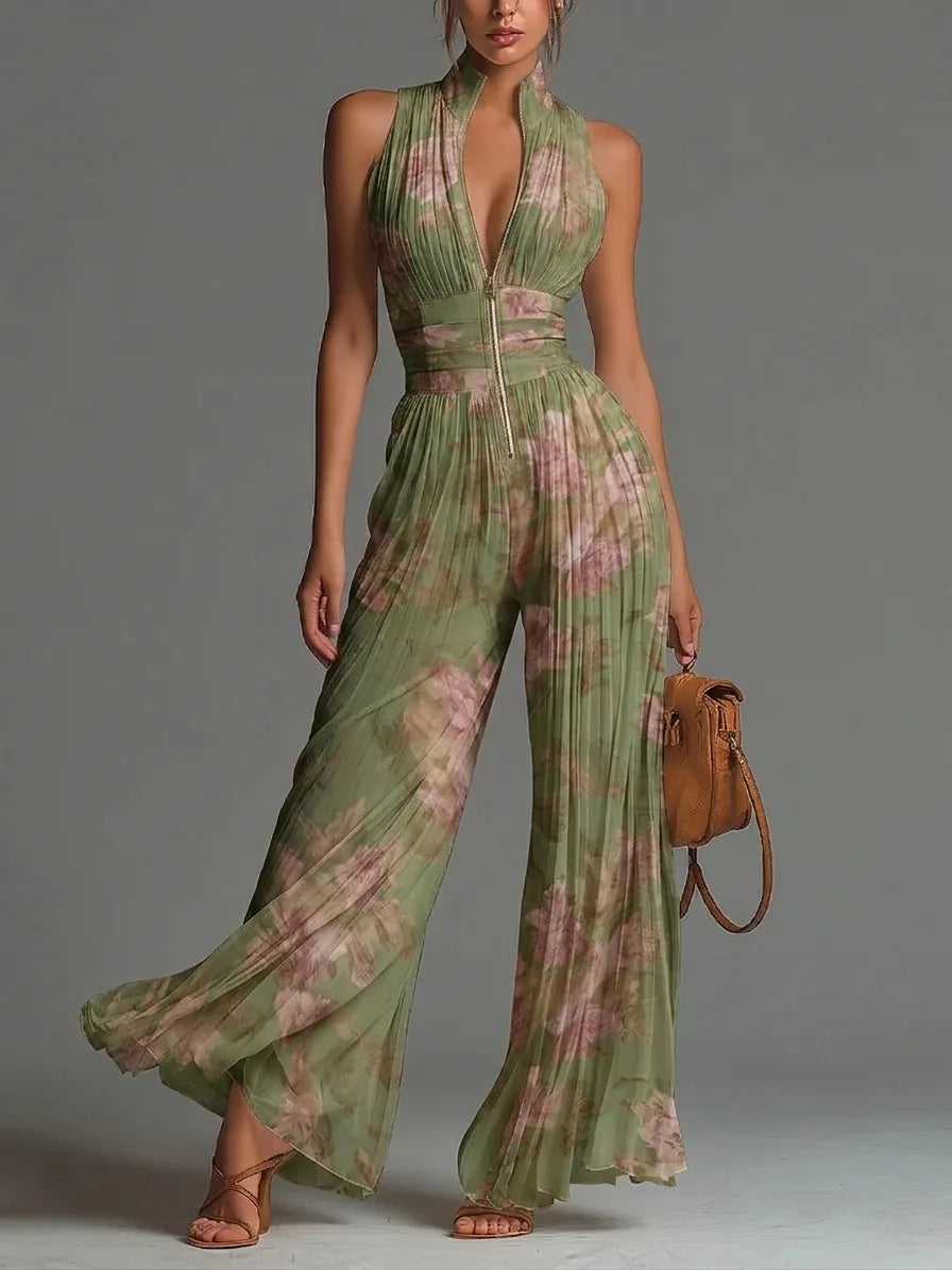 Elegant women's pleated floral halter neck wide-leg jumpsuit, perfect for summer fashion & special occasions.