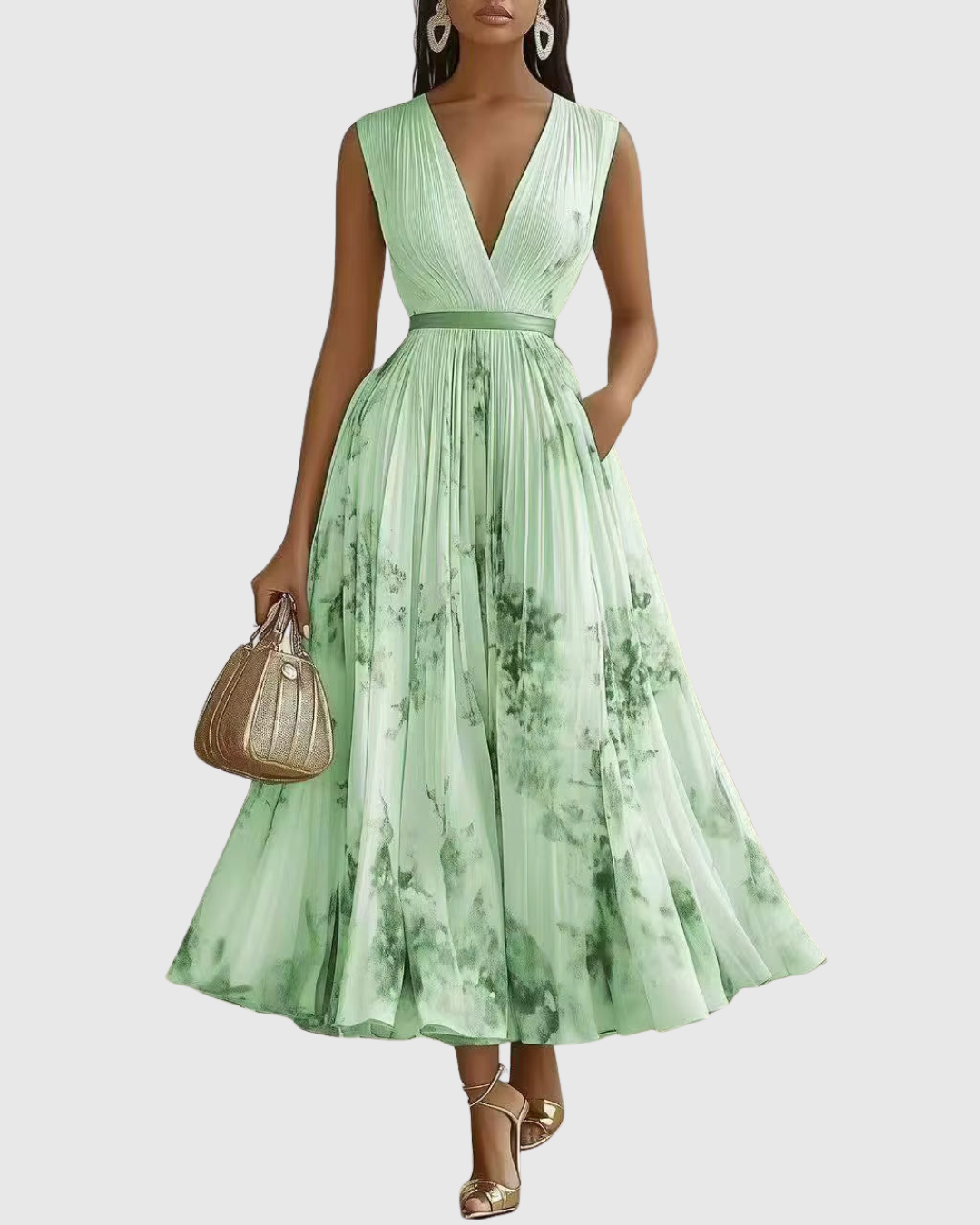 Women's pleated maxi dress, elegant floral print, long sleeves. A must-have for spring/summer fashion.