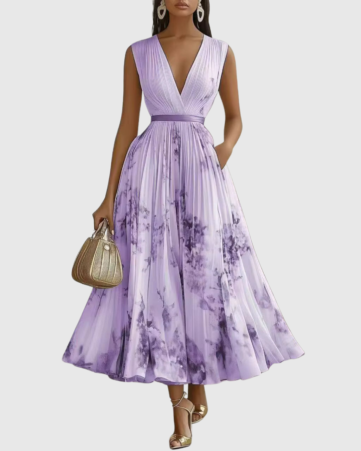 Flowy long sleeve maxi dress for women, with a V-neck, adjustable waist, and elegant pleats.