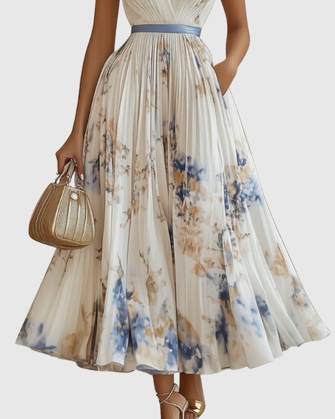 Women's long sleeve pleated maxi dress in a beautiful floral print. Stylish for summer events.