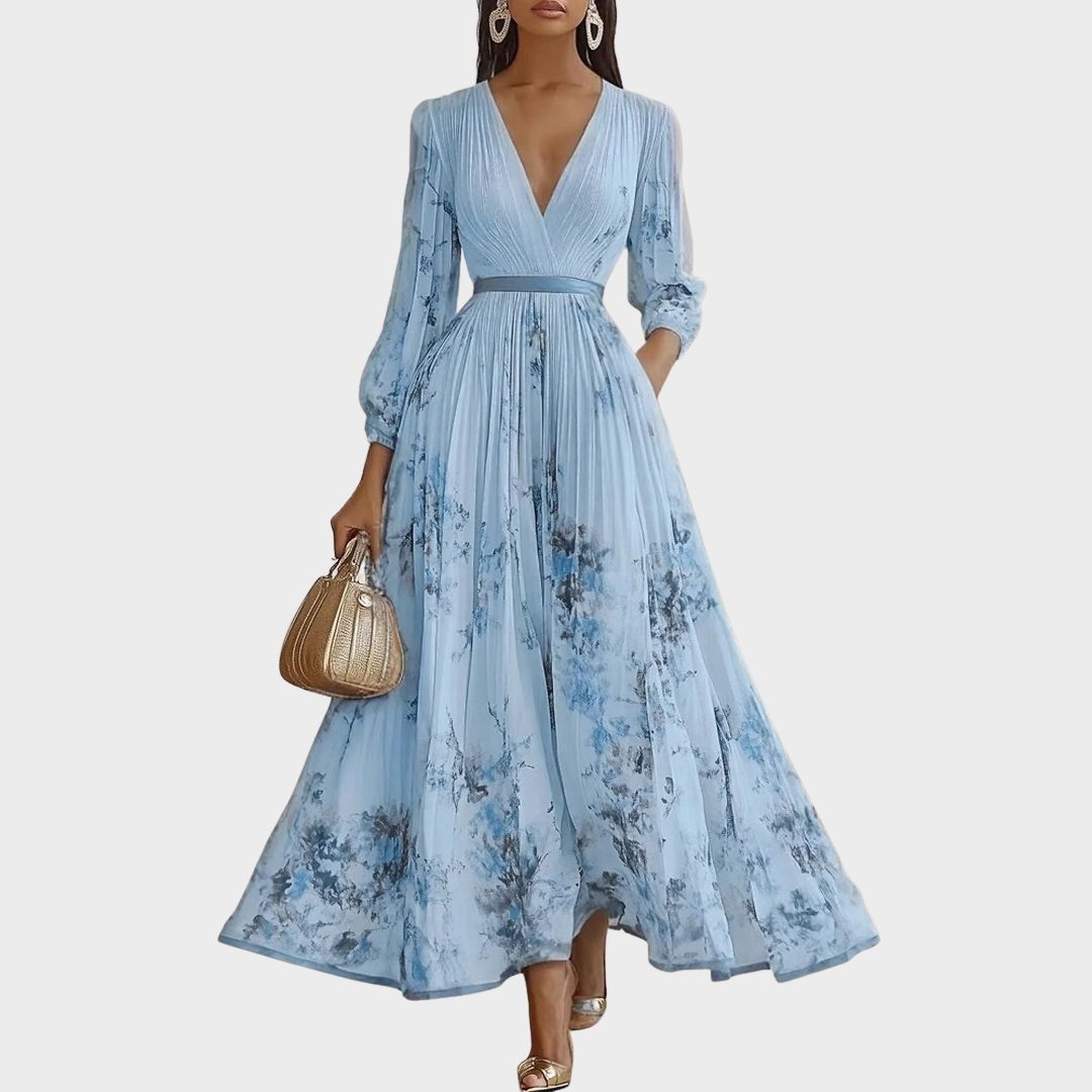 Beautiful women's elegant pleated V-neck maxi dress with long sleeves and adjustable waist.