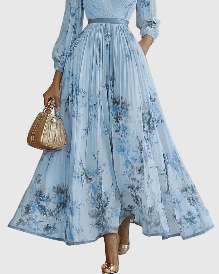 Pleated women's long sleeve maxi dress with V-neck. Versatile for casual and party occasions.