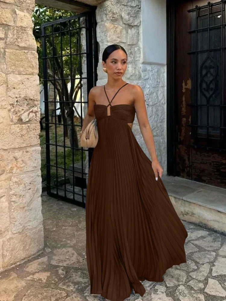 Elegant women's pleated halter maxi dress, perfect for wedding guests & formal special occasions.