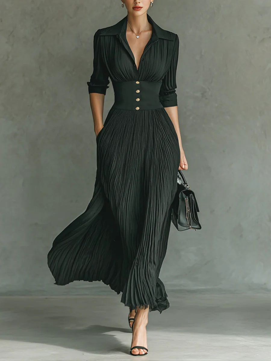 Elegant women's pleated lapel maxi dress with belted waist, perfect for formal events. Long sleeve design.