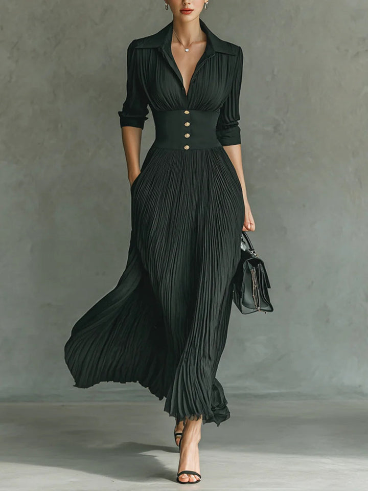 Elegant women's pleated lapel maxi dress with belted waist, perfect for formal events. Long sleeve design.