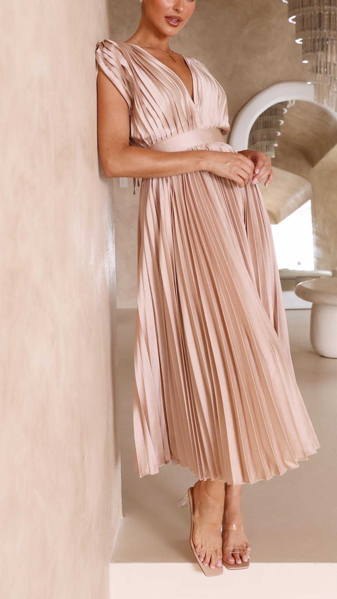 Sleeveless deep V-neck pleated formal dress, elegant women's long gown for special events.