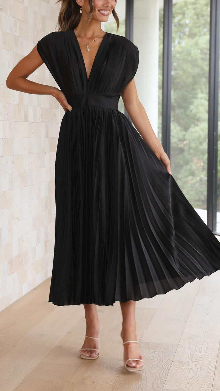 Women's formal pleated maxi dress, V-neck, suitable for cocktail parties & special events.