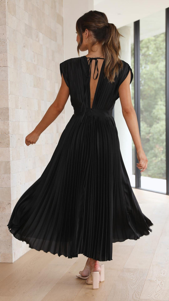 Women's sophisticated pleated formal dress, deep V-neck, perfect for special occasions.