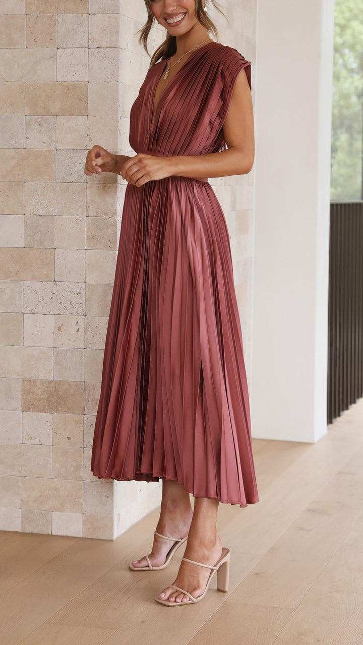 Stylish women's long pleated dress, V-neck, perfect for formal events & evening wear.